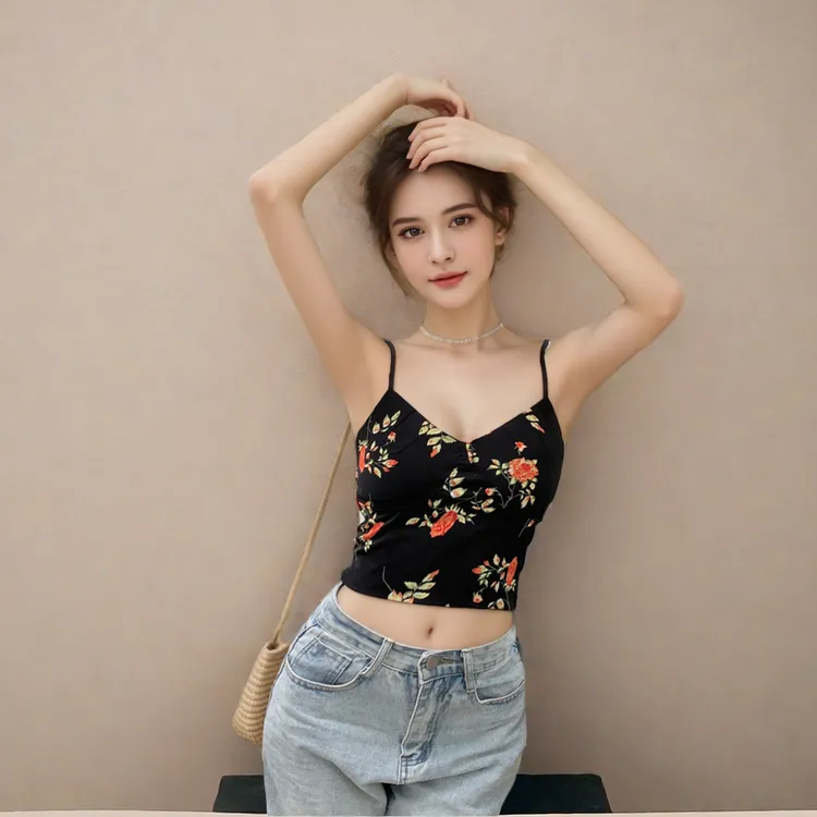 多巴胺美背吊带女背心内搭碎花吊带背心带胸垫夏季短款打底上衣
