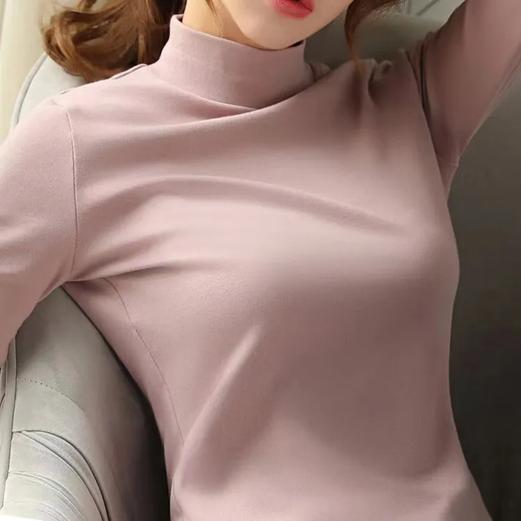 女士内衣秋冬打底衫慵懒风圆领套头长袖保暖时尚中领半高领百搭