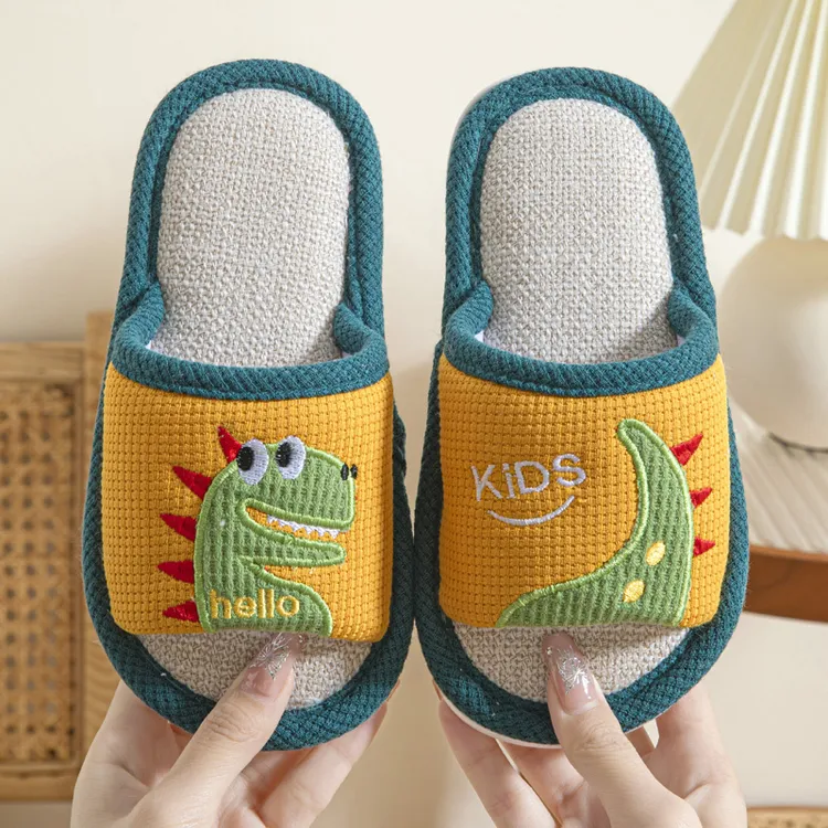 儿童亚麻拖鞋春秋季小男孩卡通恐龙宝宝居家室内软底男童棉麻拖鞋