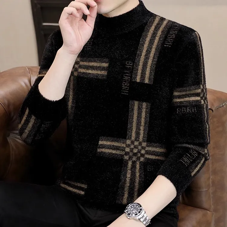 韩版修身半高领水貂绒毛衣男冬季新款打底针织衫加绒加厚保暖上衣
