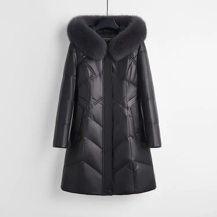法歌弟FH8331冬海宁皮衣女外套中长款连帽修身加厚保暖真皮羽绒服
