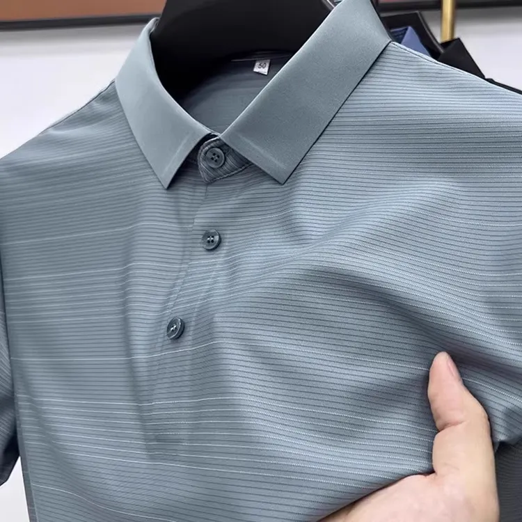 精选高档男士冰丝短袖T恤男夏季新款休闲宽松条纹凉感中年polo衫