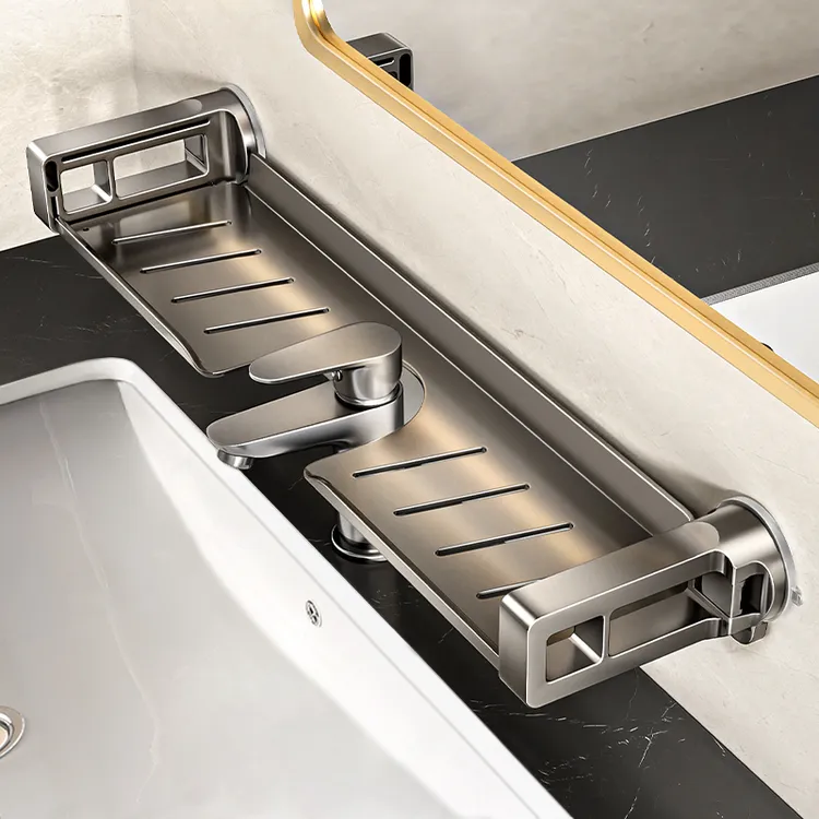 卫生间隐藏式吸盘水龙头置物架洗漱台壁挂免打孔浴室淋浴间收纳架