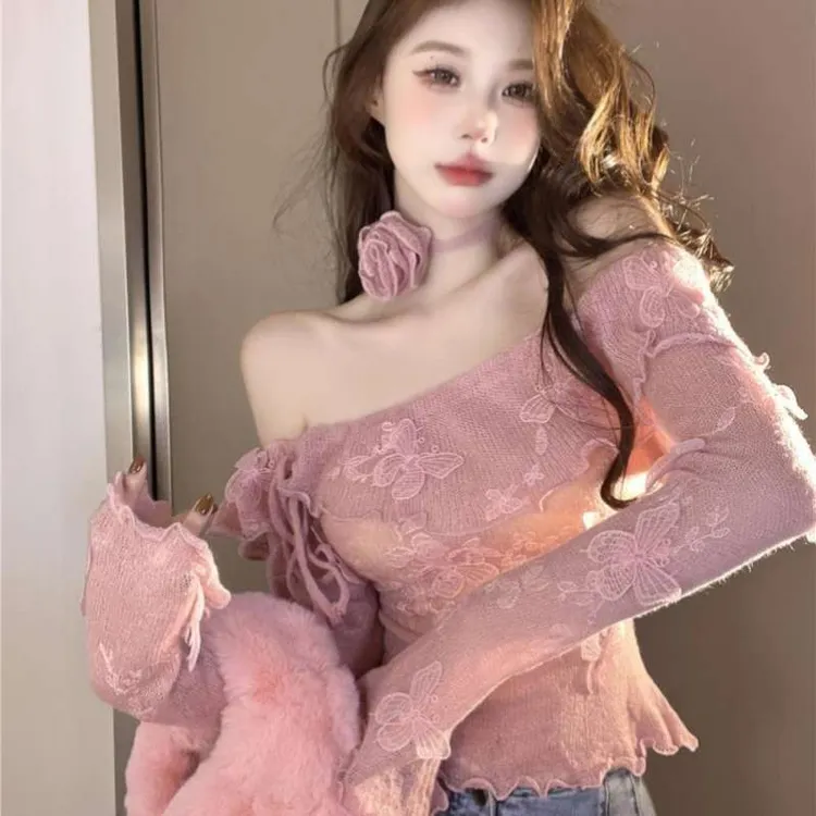 小香风喇叭袖针织衫女秋冬纯欲辣妹一字肩挂脖上衣打底衫内搭毛衣