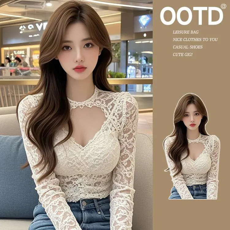 秋冬独特甜辣妹v领镂空蕾丝长袖打底衫女设计感小众修身绝美上衣