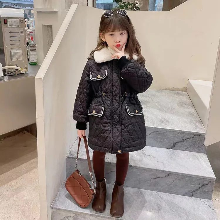 女童小香风棉服冬装2025新款洋气儿童中长款黑色棉衣大童冬季外套