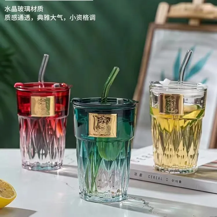 网红ins风大容量创意玻璃水杯家用吸管杯渐变色杯子带金属贴片