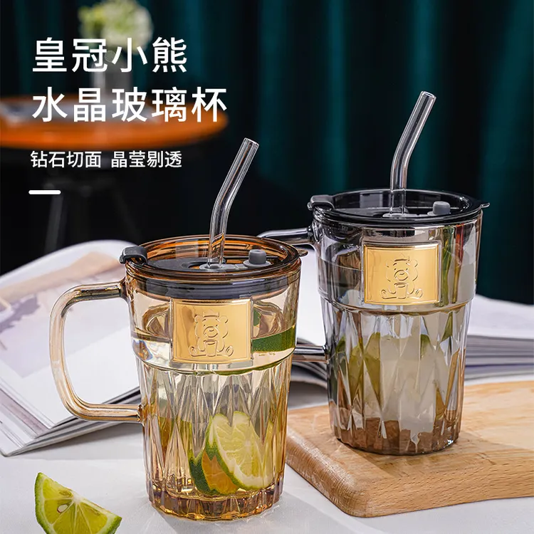 轻奢创意网红家用大容量玻璃水杯带盖带吸管喝水杯加厚玻璃吸管杯