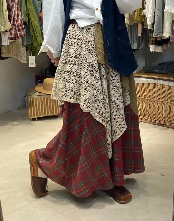 云南新疆出游叠穿格纹半身假两件复古格子伞裙显瘦红色连衣裙