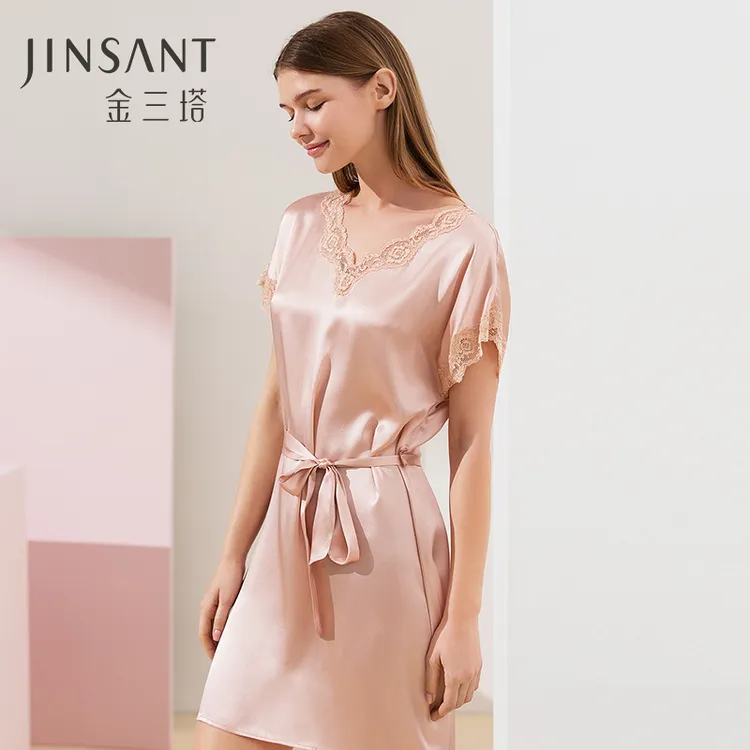 【金三塔官方】桑蚕丝凉感睡裙纯色轻奢时尚性感蕾丝轻薄舒适睡衣