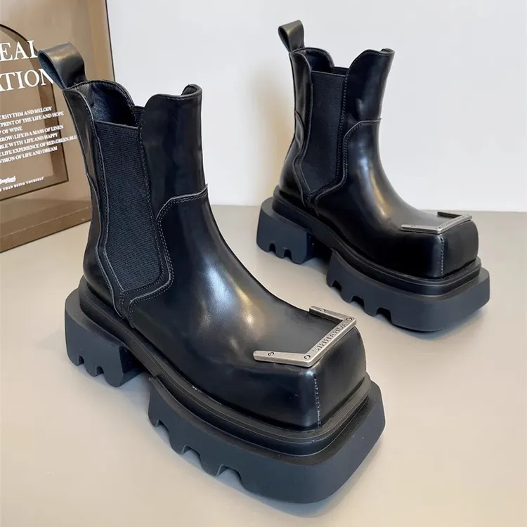 欧洲站2024秋冬新款马丁靴女英伦风方头切尔西靴增高厚底酷辣短靴