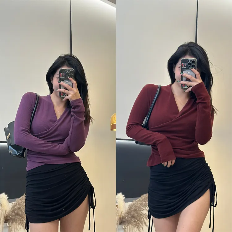 迈沃格-纯欲风辣妹长袖上衣女新款修身时尚显瘦褶皱设计V领打底衫