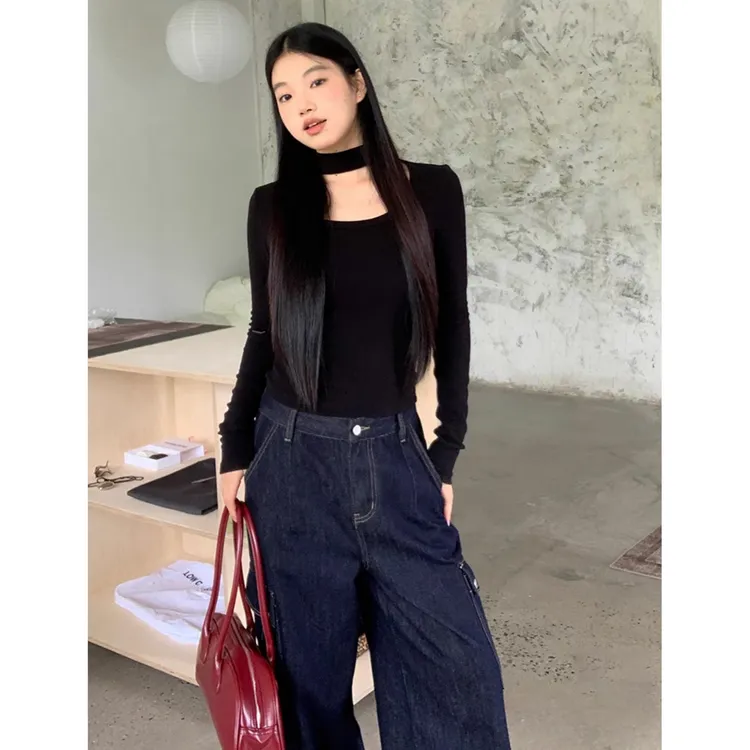挂脖U领长袖长袖针织修身内搭辣妹短款女装上衣T恤加厚百搭