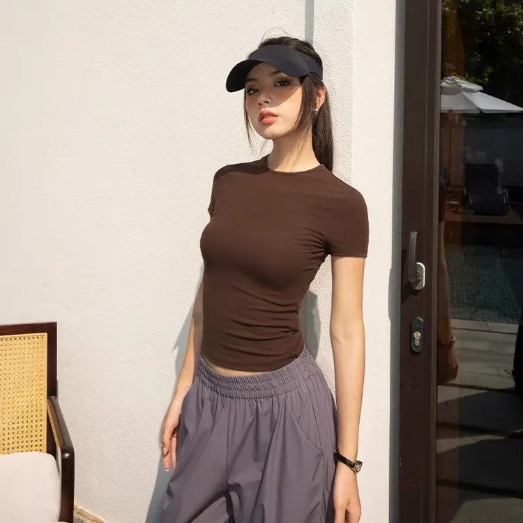 -美式辣妹短袖T恤修身纯欲百搭夏季正肩圆领修身显瘦上衣
