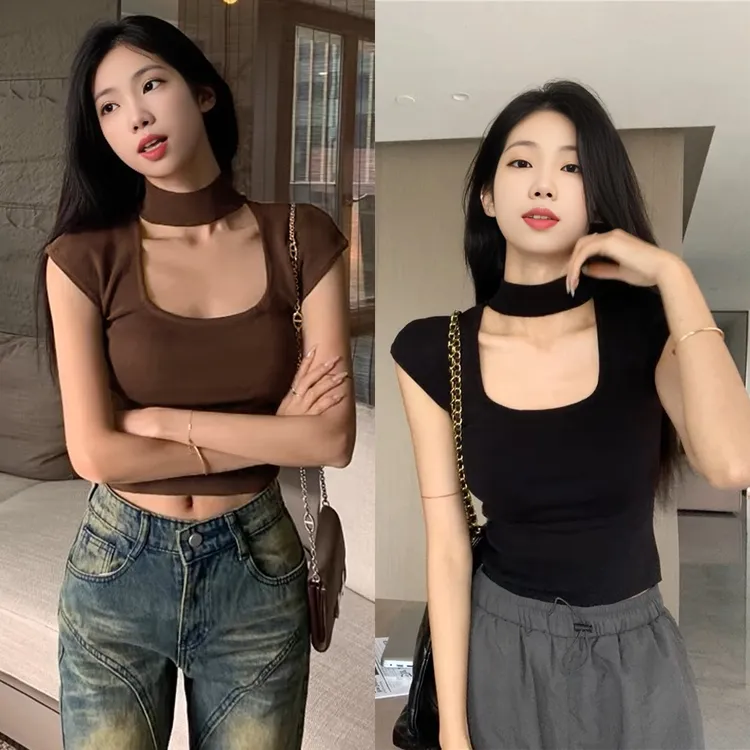 迈沃格-基础款T恤女夏季收腰紧身显瘦打底衫正肩短款百搭女上衣