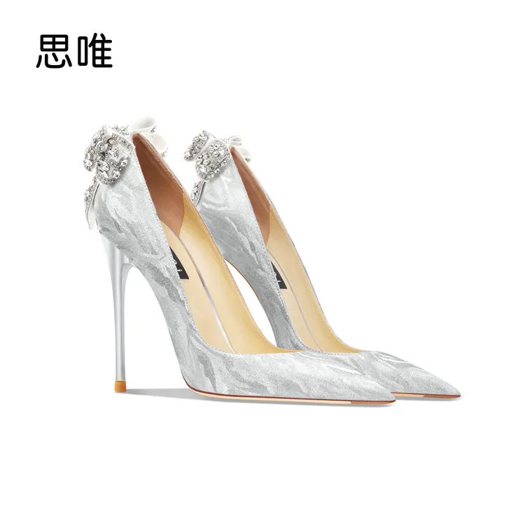 思唯时尚银色虎皮纹高跟鞋女2024年新款金属跟水钻后跟蝴蝶结单鞋