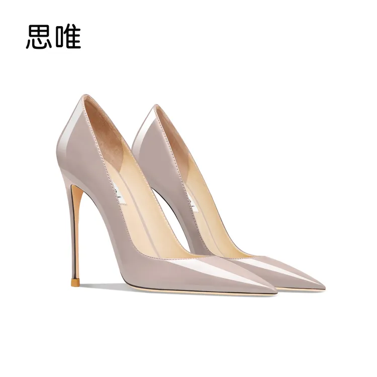 思唯时尚灰色高跟鞋女细跟尖头浅口2024年新款法式性感漆皮OL单鞋