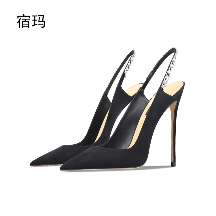 时尚黑色绒面水钻凉鞋女2024年新款夏季新款尖头细跟设计感高跟鞋