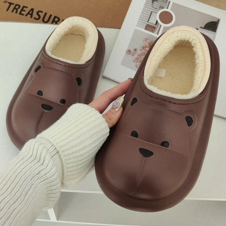 韩版可爱小熊情侣款男女包跟棉拖鞋女外穿冬季防水月子鞋加绒棉鞋