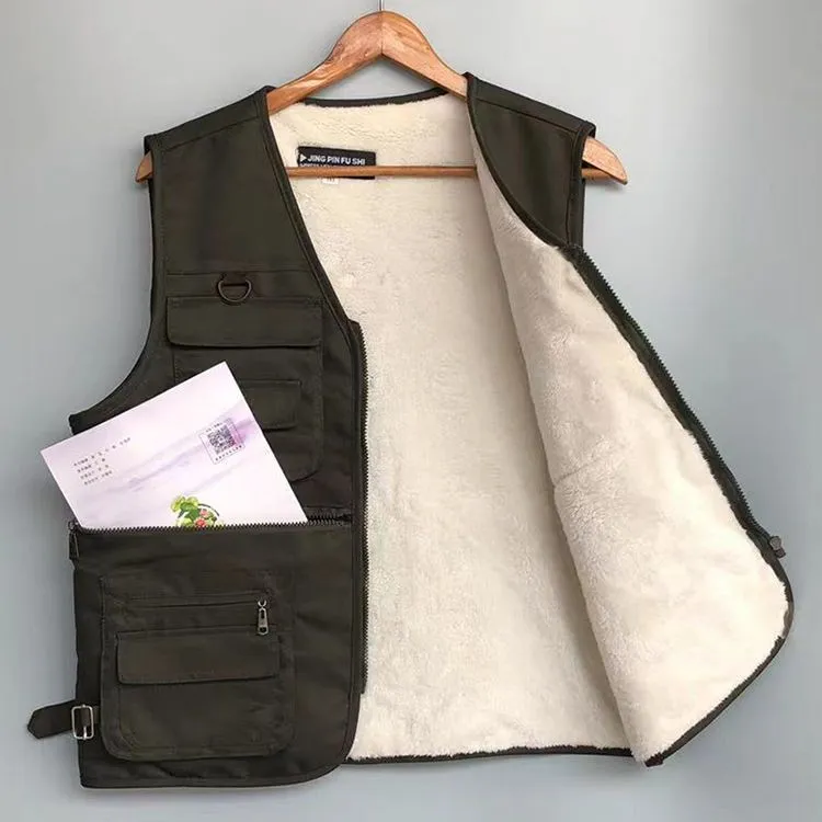 【加绒马甲】秋冬季仿羊羔绒马甲男式多口袋马甲保暖拉链兜工装
