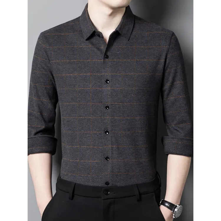 鄂尔多斯市100%纯山羊绒长袖衬衫男中年商务休闲格子加厚羊毛衬衣