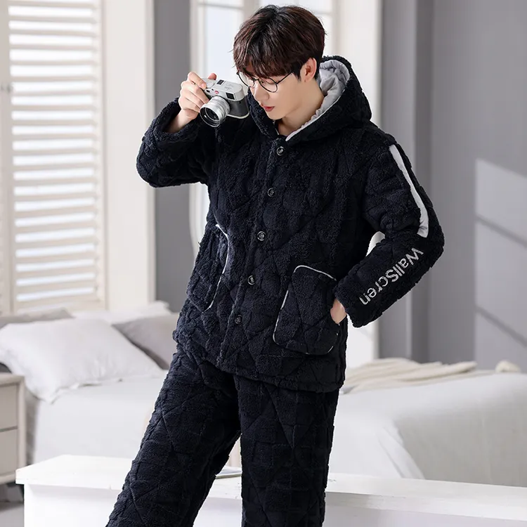 睡衣男冬季秋冬款加厚加绒三层珊瑚绒夹棉300斤肥佬开衫套装