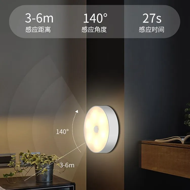 LED智能人体感应圆形充电磁吸小夜灯衣柜灯橱柜灯床头灯壁灯光控