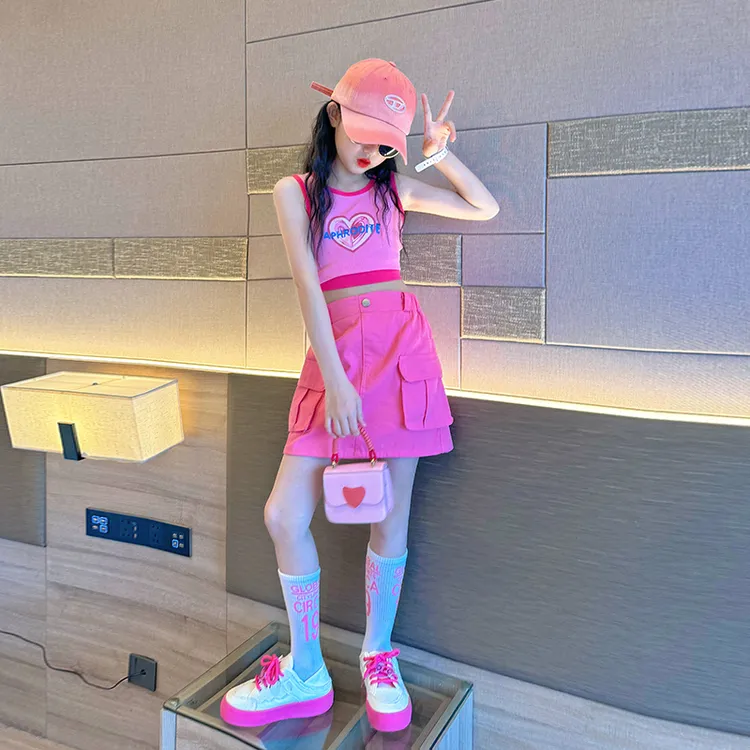 女童裙裤夏季2024新款儿童多巴胺粉色套装女大童夏装工装裙裤外穿