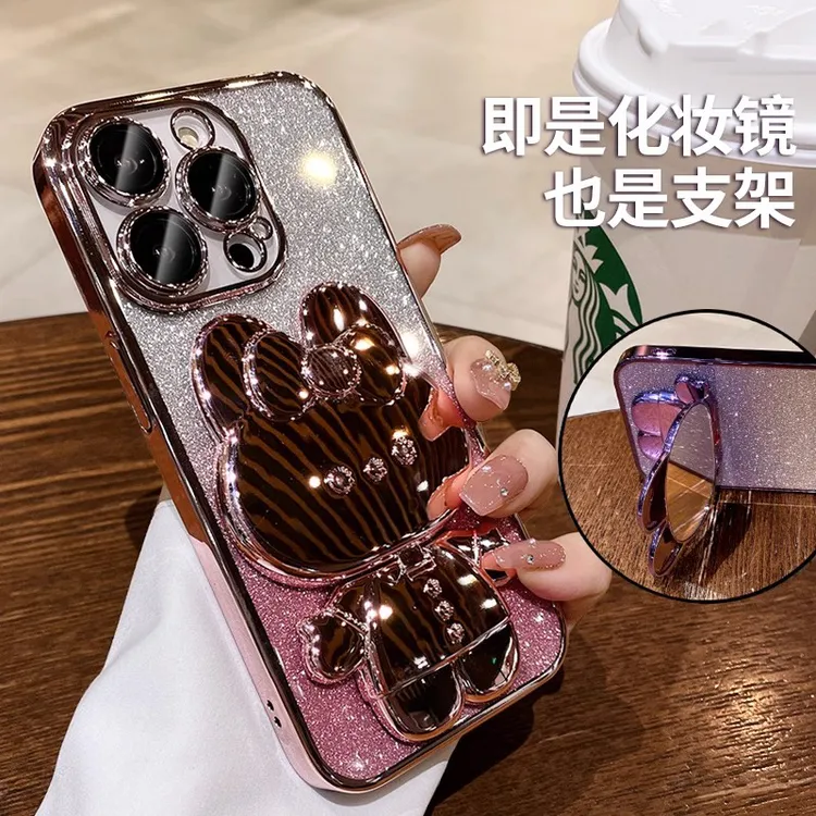 适用苹果手机壳透明闪粉化妆镜支架自带镜头膜奢华网红女款高级感