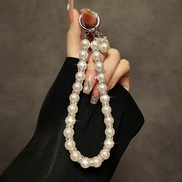 奢华高级感水钻珍珠手提链手腕短挂绳带夹片手机壳钥匙扣包包挂件