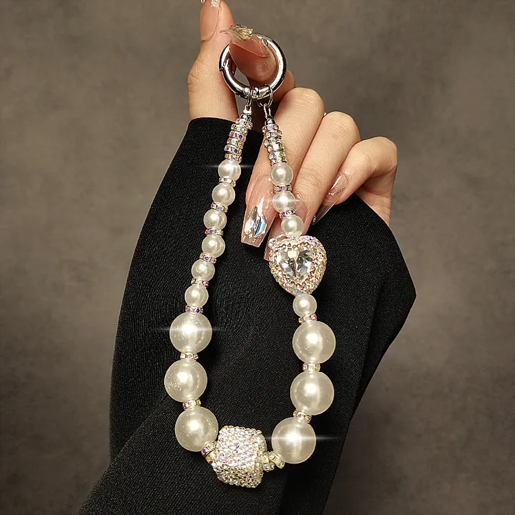 奢华高级感水钻珍珠手提链条手腕短挂绳带夹片手机壳钥匙包包挂件