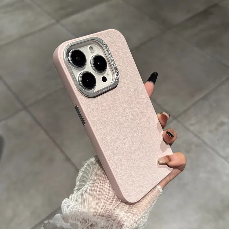 轻奢女款镶钻镜头框适用苹果16promax手机壳网红小众素皮奢华皮质