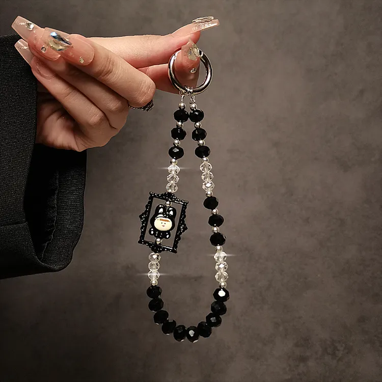 奢华高级感黑水晶串珠手链手腕短挂绳带夹片手机壳钥匙扣包包挂件