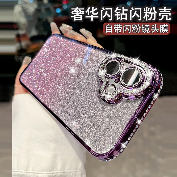 适用苹果16pro手机壳奢华网红女款电镀水钻边框闪粉镜头膜全包ins