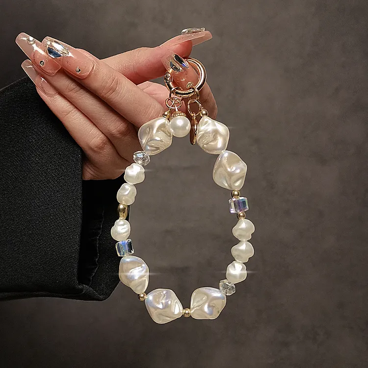 个性创意异型珍珠串手提链手腕短挂绳带夹片手机壳钥匙扣包包挂件