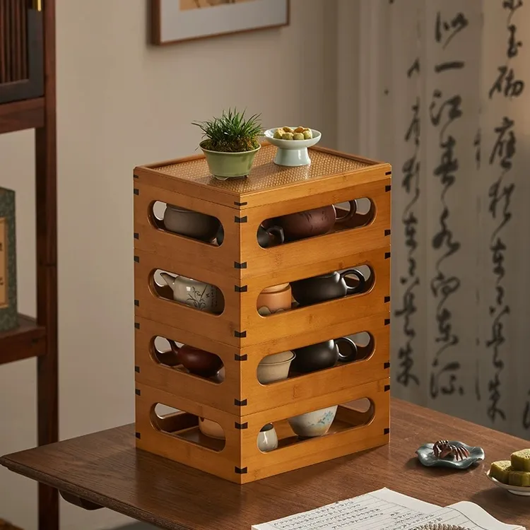 竹编制多宝格茶具收纳台桌面文玩杯壶玲珑套盒简约百宝箱柜多功能