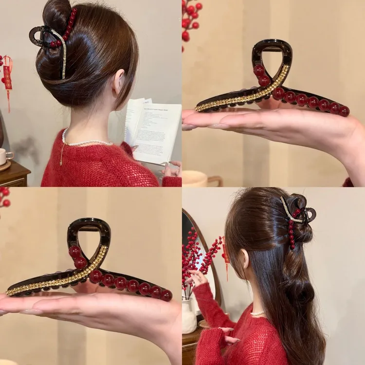 秋冬新款高级感大号珠珠闪钻盘头发抓夹轻奢鲨鱼夹新年红色抓夹
