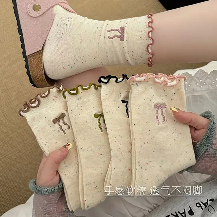 袜子女中筒袜点子纱学院风春秋季ins潮日系防臭木耳边蝴蝶结袜子