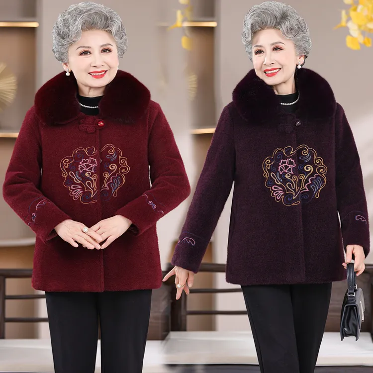 中老年女装冬装洋气新款外套老年人加绒加厚保暖毛呢外套310