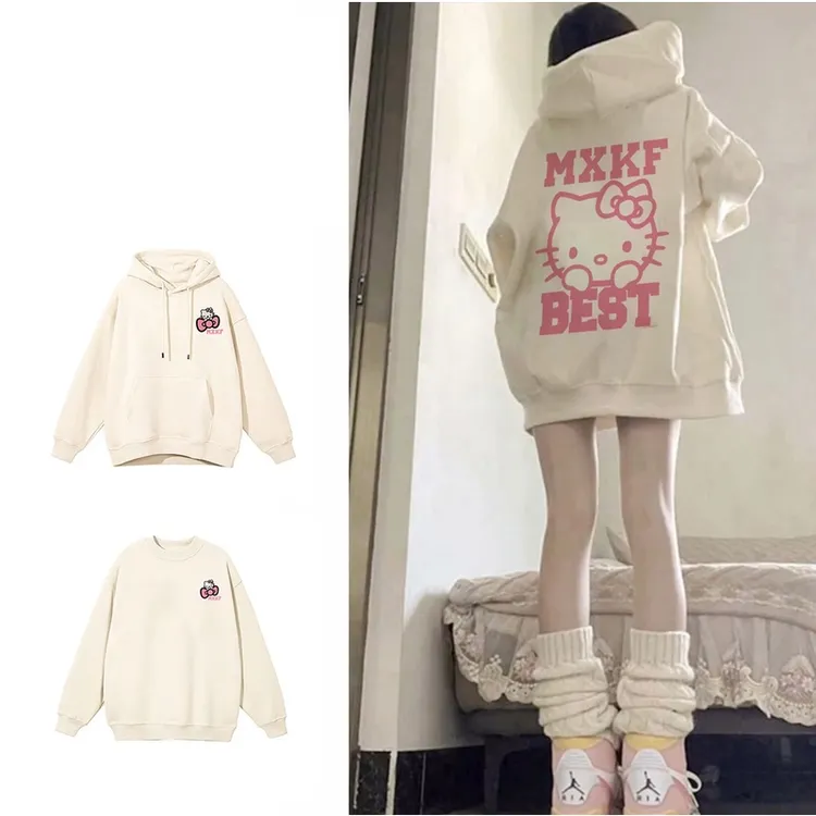 卡通kitty猫印花连帽卫衣胖mm显瘦休闲学生秋冬款加绒保暖上衣女