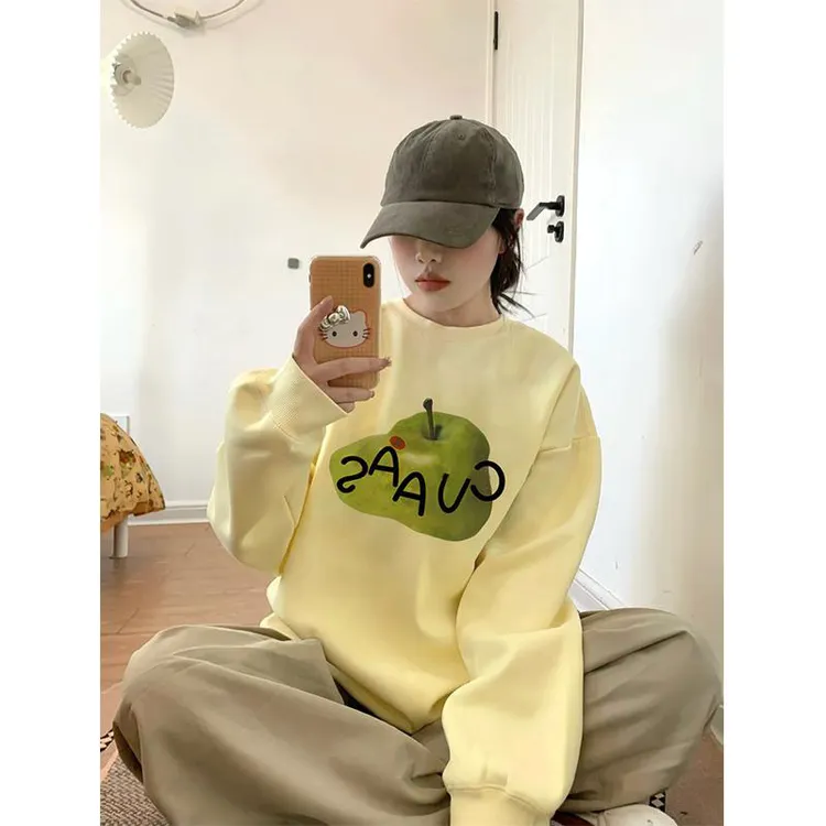 秋冬胖MM潮牌2-300斤宽松大码黄色圆领卫衣女时尚减龄上衣ins超火