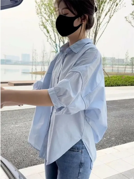 雪纺中袖防晒衬衫女2023夏季新款宽松显瘦白色衬衣百搭休闲小衫薄