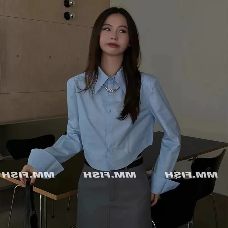 蓝色衬衫女2025新款早春装设计感小众上衣内搭收腰短款衬衣小个子