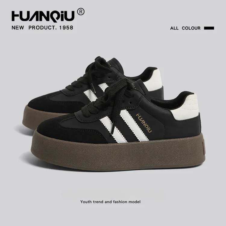 环球厚底黑色德训鞋女款2025春季新款平底爆款运动休闲内增高板鞋