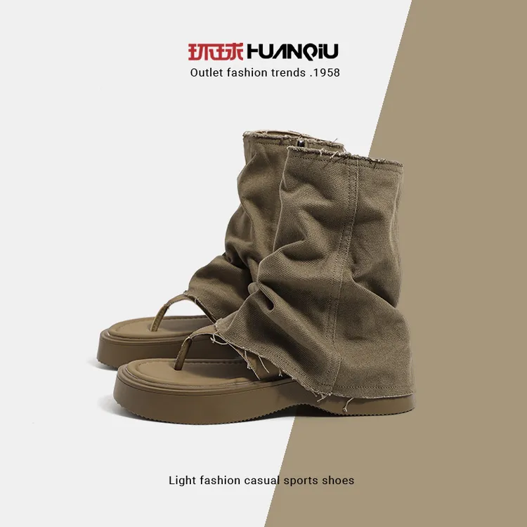 环球裤管靴女2025夏季新款厚底增高百搭罗马凉鞋夹趾时尚凉靴短靴