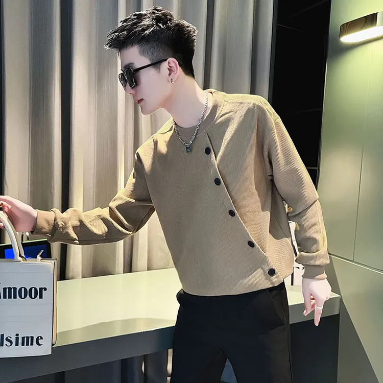 高级感灯芯绒加绒加厚卫衣男2024新款秋冬季潮牌痞帅排扣男装上衣