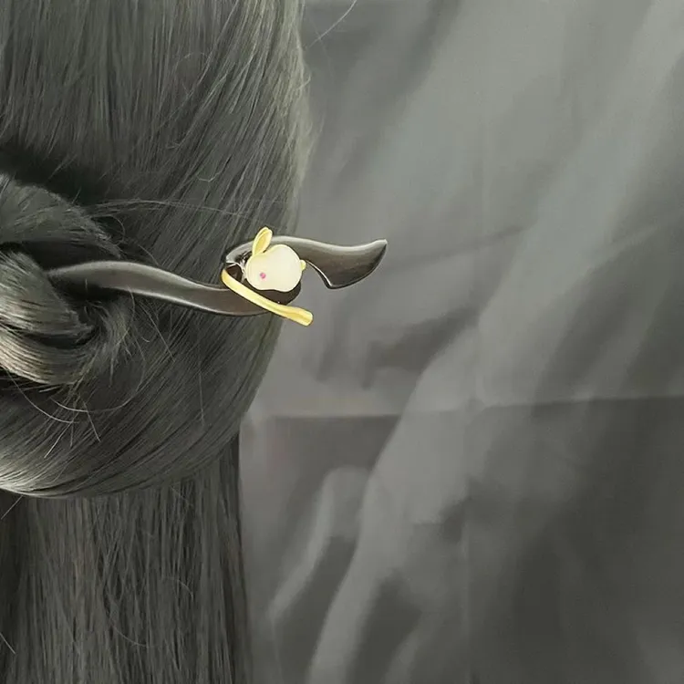 18厘米天然黑檀木玉兔国风简约气质发簪茶服旗袍发饰