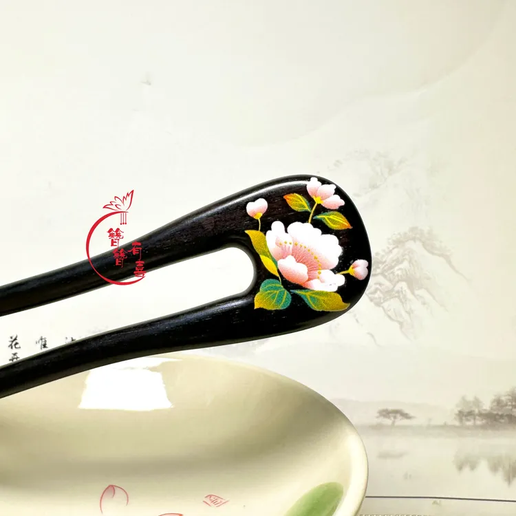 15厘米紫光黑檀木发簪新中式手工彩绘簪子盘发马面裙旗袍木簪