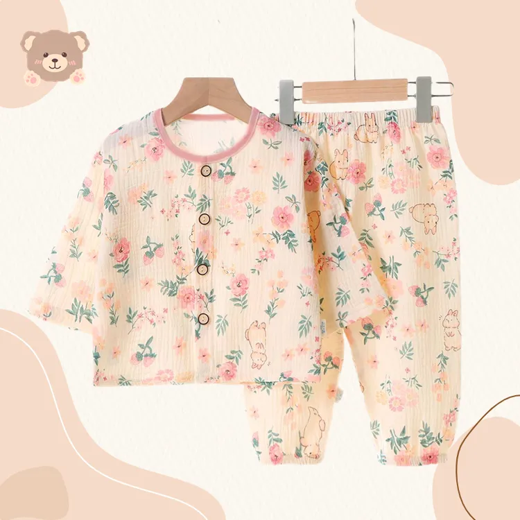 儿童家居服儿童款睡衣宝宝双层纱布夏季婴幼儿纱布休闲长袖家居服