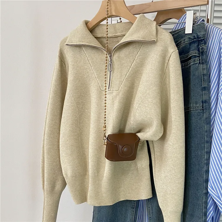 2024冬季新款宽松高领半拉链针织衫女长袖毛衣百搭纯色套头上衣女